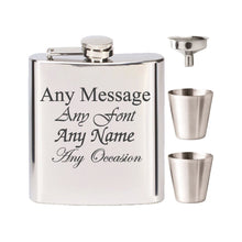 Load image into Gallery viewer, Engraved Stainless Steel 6oz Hip Flask with Funnel and Cups
