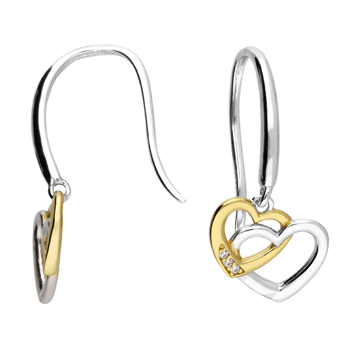 Two-tone interlinked cubic zirconia heart drop earrings