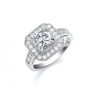 Silver Round Cut with Cz Surrounding & Shoulders Ring - London Fifth Avenue jewellery  