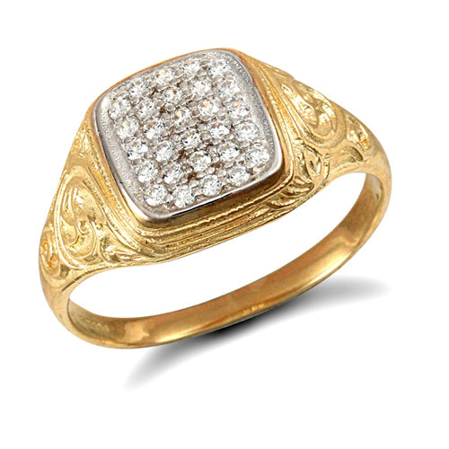 solid 9ct yellow gold hand finished men's cubic zirconia set cluster ring.