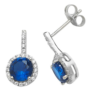 Silver drop stud earrings blue / white cz stones