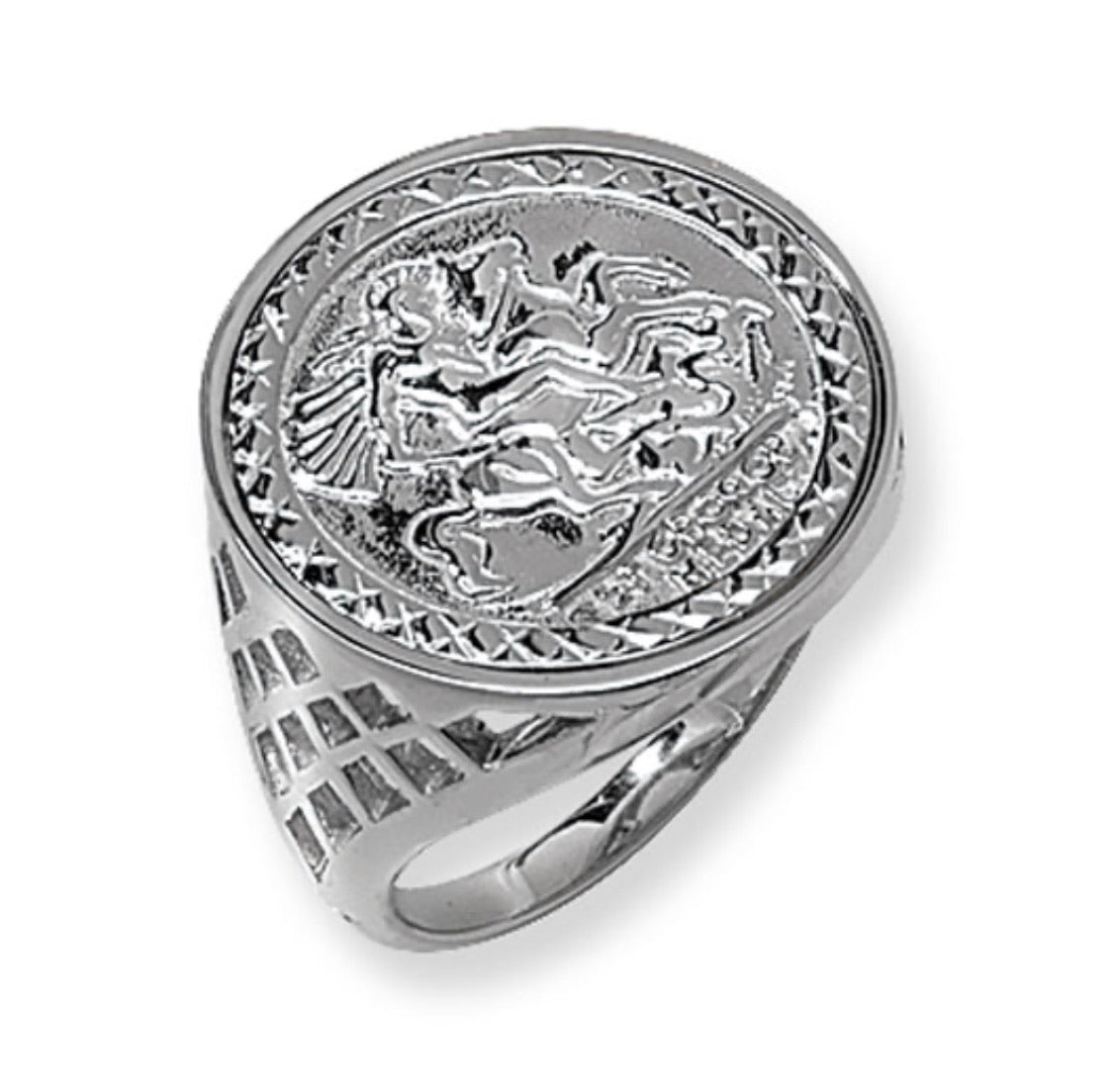St George basket cage silver coin ring