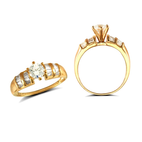 solid 9ct yellow gold cubic zirconia set solitaire style ring with baguette-cut shoulders.