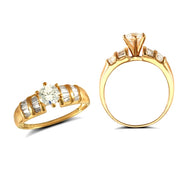 solid 9ct yellow gold cubic zirconia set solitaire style ring with baguette-cut shoulders.