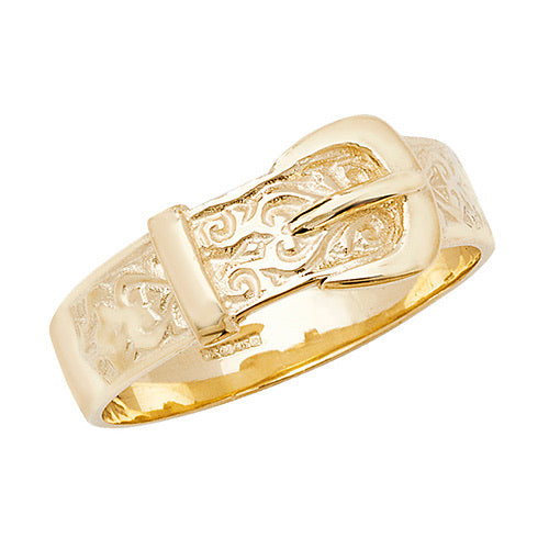 Engraved yellow gold buckle ring