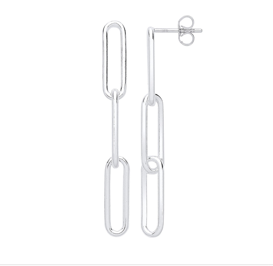 Paper clip silver drop stud earrings
