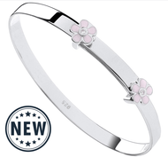 Silver Pink Enamel & CZ Flowers Expandable Baby Bangle