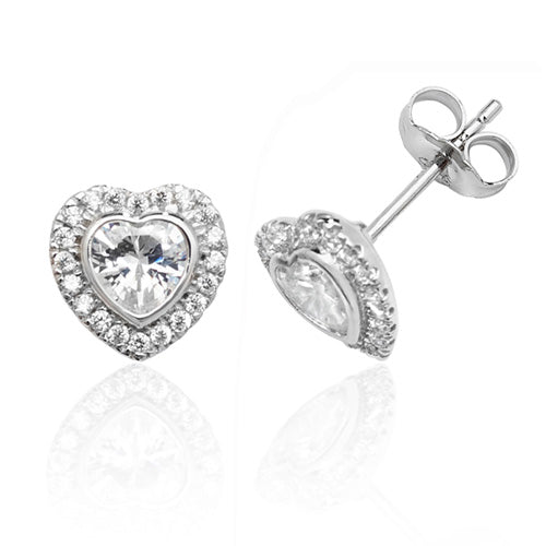Bezel set silver heart stud earrings - London Fifth Avenue jewellery  